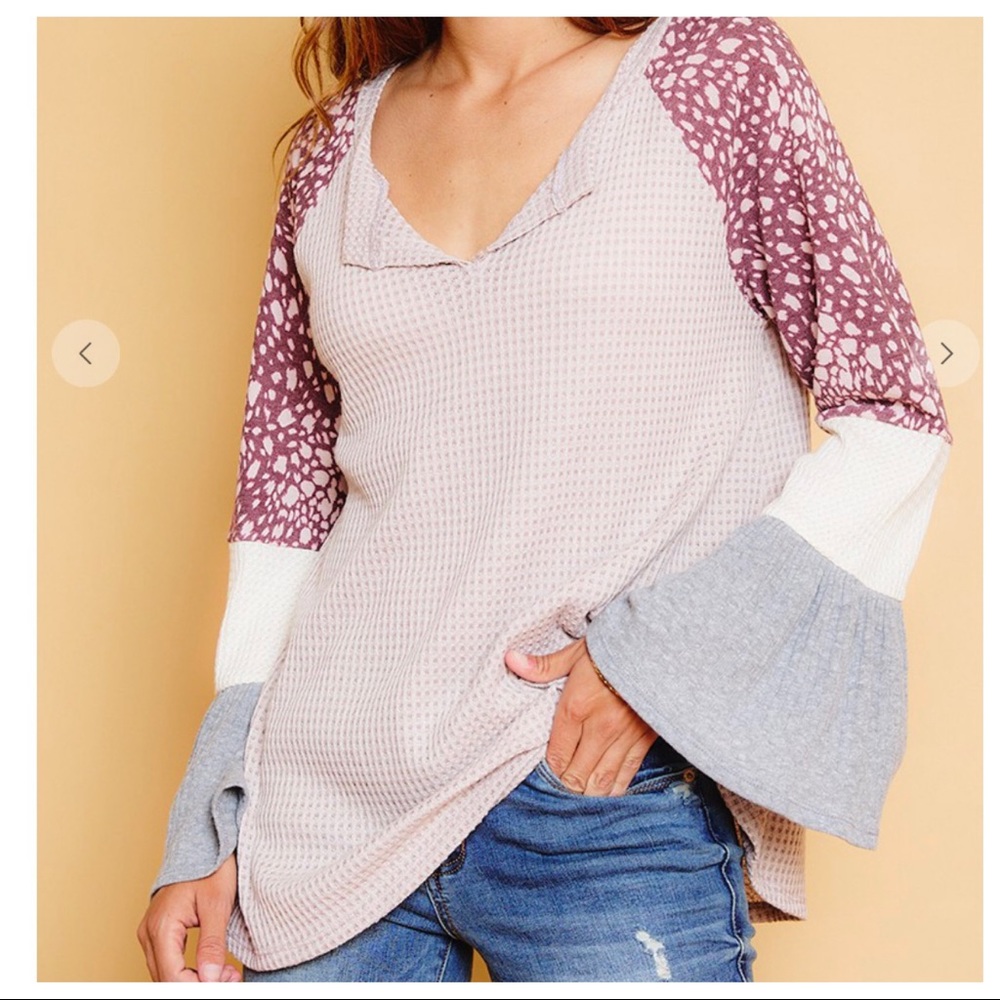 #14 Bell Sleeves Raglan Contrast Color Block Tunic - Picture 6 of 6